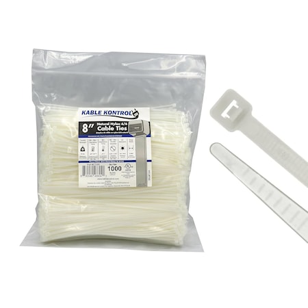 Kable Kontrol Cable Tie, 8 in L, 2.16 in Max Bundle Dia., Natural, Nylon 6/6, 18 lb Strength, 1000 PK CT295